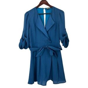 Maude Womens Size L Blue Mini Dress Faux Wrap Roll Tab Sleeves Lined Flowy U3